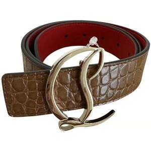 Christian Louboutin Brown Crocodile Embossed Belt with Gold Buckle